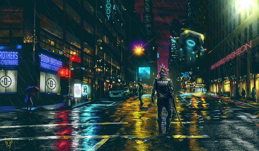 Caratteristica ambientazione futuristica del genere Cyberpunk: le strade nel pieno della notte illuminate dal neon.