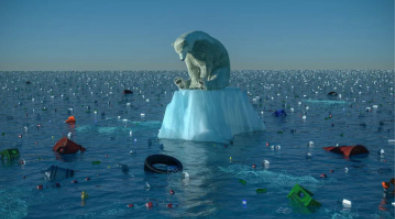 Orso Polare su un pezzo di Iceberg galleggiante staccatosi dalle calotte polari su un mare ricoperto di plastiche derivato dall'inquinamento sull'Ambiente