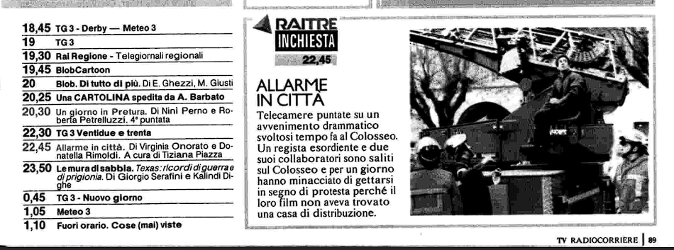 Pagina 89 del Radio Corriere TV del 30 Ottobre 1991, con l'annuncio della puntata di "Allarme In Città" che tratta la protesta sul Colosseo