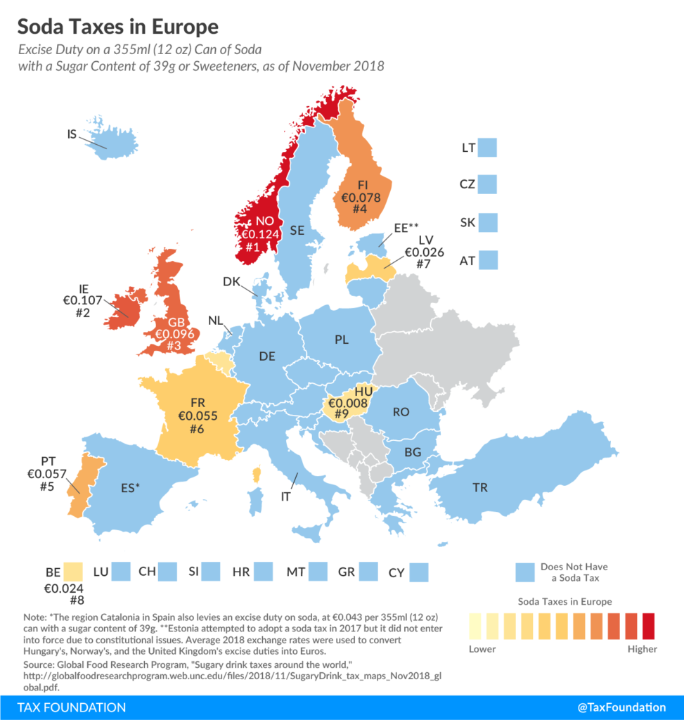 La tassa sulla soda in Europa
Fonte: Tax Foundation, https://taxfoundation.org/wp-content/uploads/2019/09/Soda-19-FV-C2-01.png